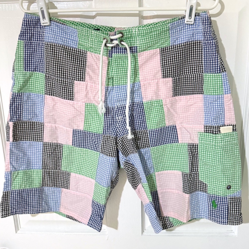 Vintage Polo Ralph Lauren Mens Patchwork Gingham Swim Trunks Multi Color Size 30
